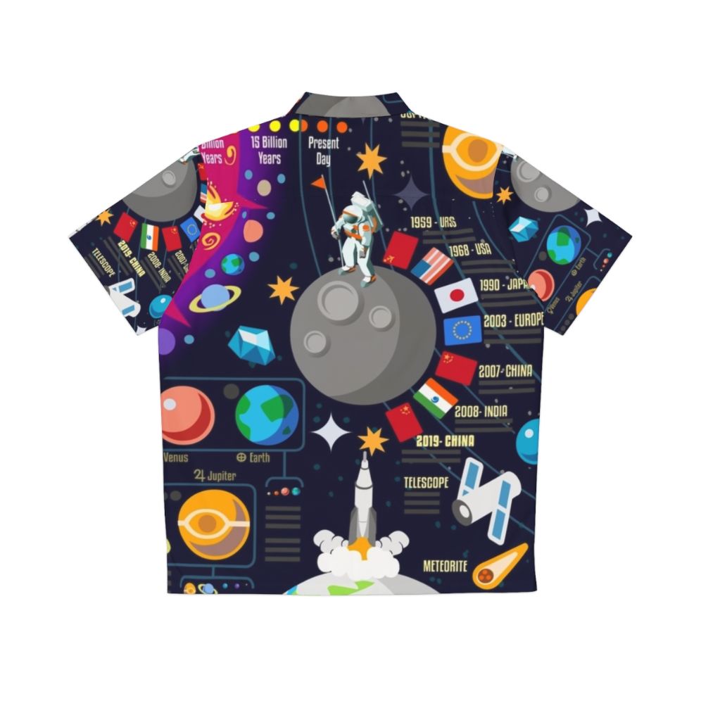 Space-themed Hawaiian shirt with infographic design of the universe, big bang, planets, and celestial elements - Back