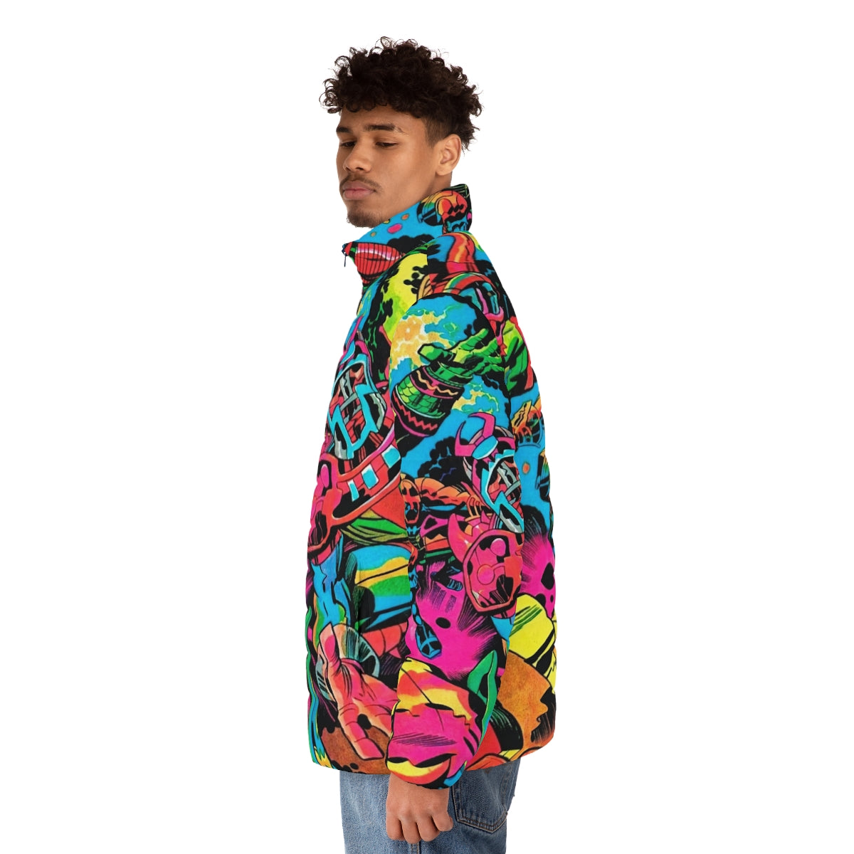 Kirby Puffer Jacket - Colorful Marvel Comics inspired superhero pop art design - men side left