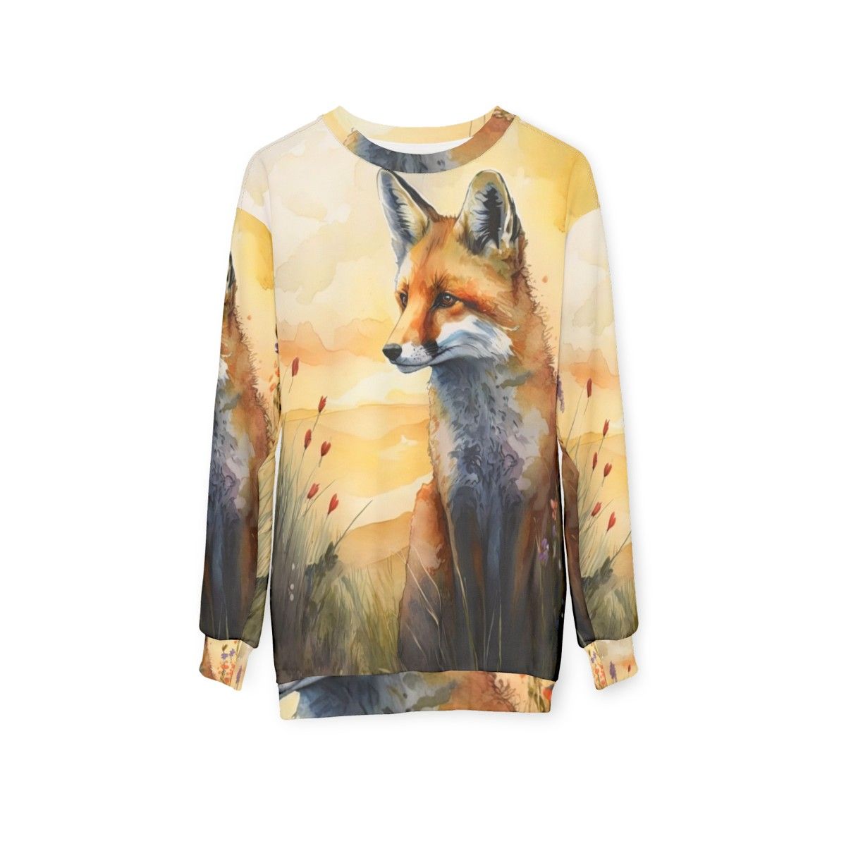 Charming red fox sweatshirt featuring a watercolor illustration of a red fox cub in a spring woodland setting - hanging