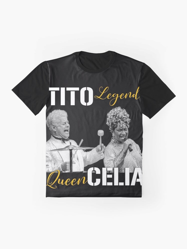 Graphic t-shirt featuring Tito Puente and Celia Cruz, legends of Latin music and salsa - Flat lay