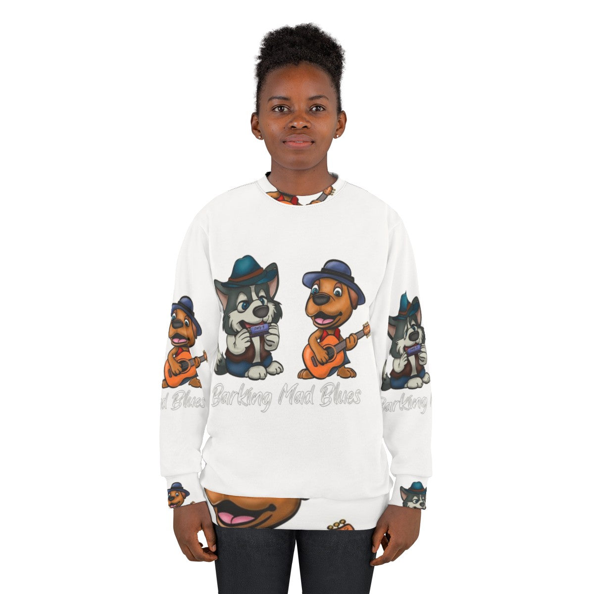 Blues sweatshirt featuring a cartoon malamute musician - women