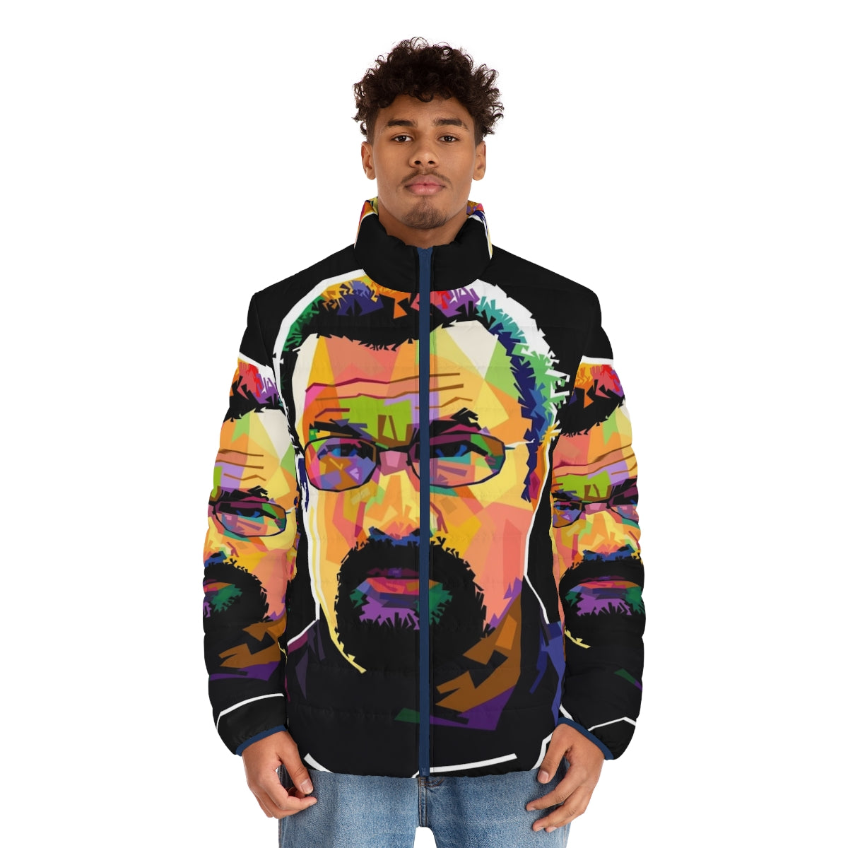 Steven Seagal in a vibrant pop art-inspired puffer jacket - men front