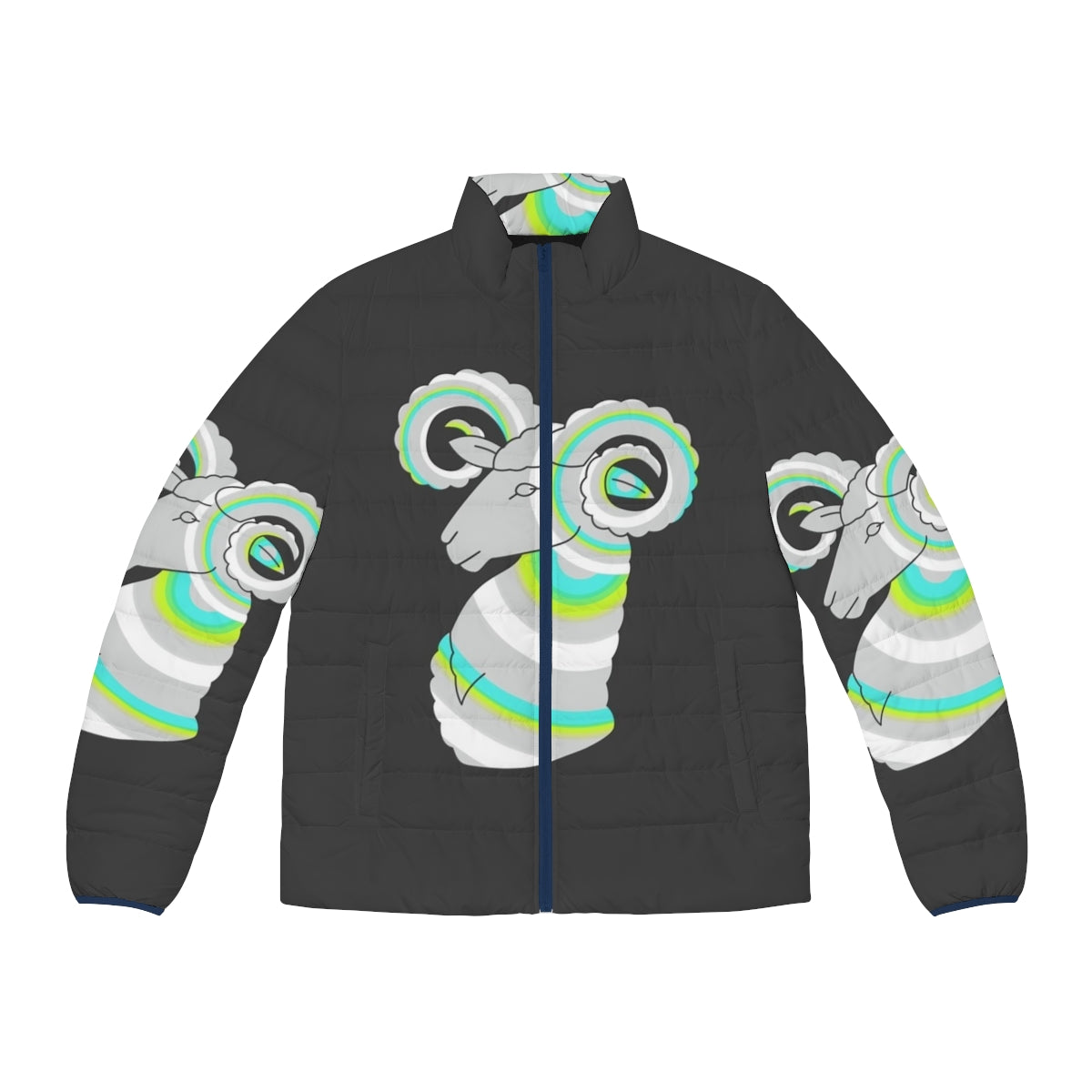 Ram Legendary Animals Puffer Jacket featuring a colorful, abstract design of a ram, representing the Aries zodiac sign and a spirit animal