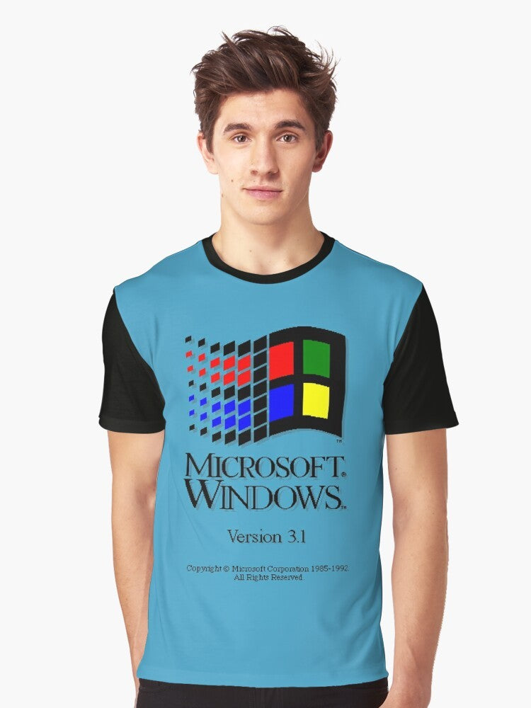 A vintage-style graphic t-shirt featuring the Windows 3.1 operating system logo, evoking nostalgic memories of retro Microsoft gaming and computing in the 90s. - Men