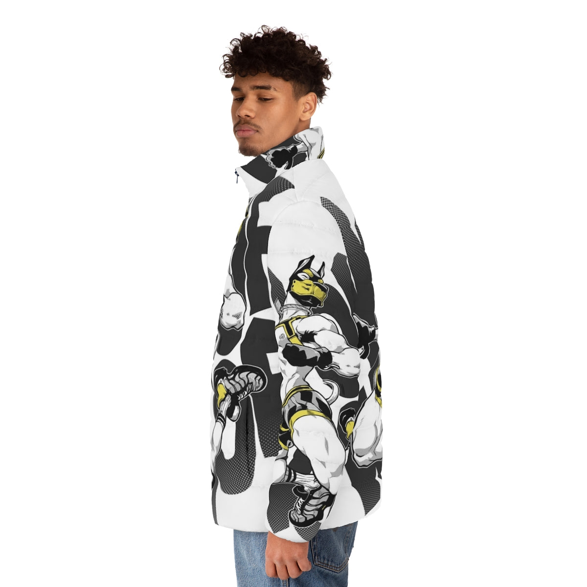 Stylish puffer jacket with a dog-themed design, perfect for LGBTQ+ fashion enthusiasts - men side left