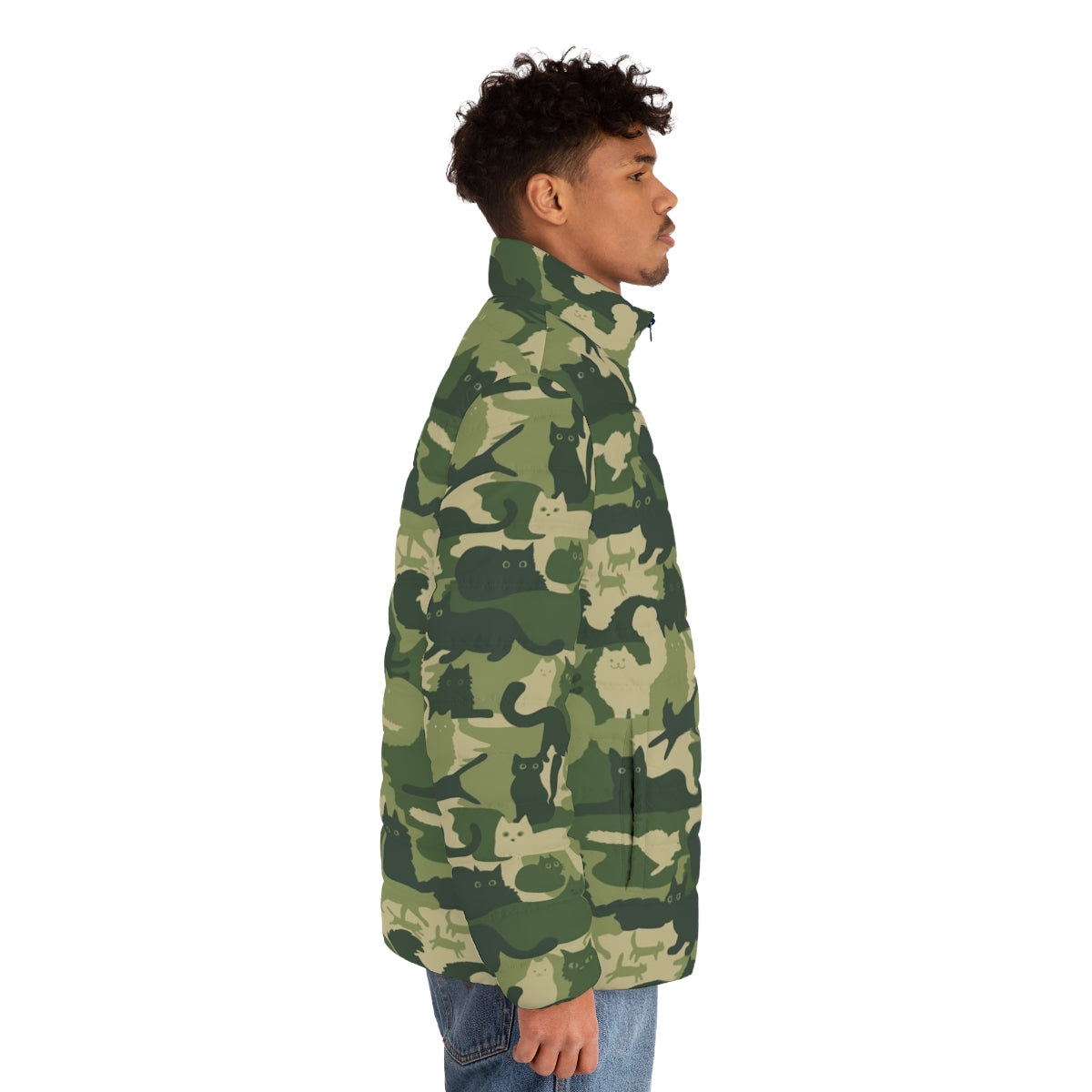 Army green camouflage puffer jacket with funny cat silhouette pattern - men side right