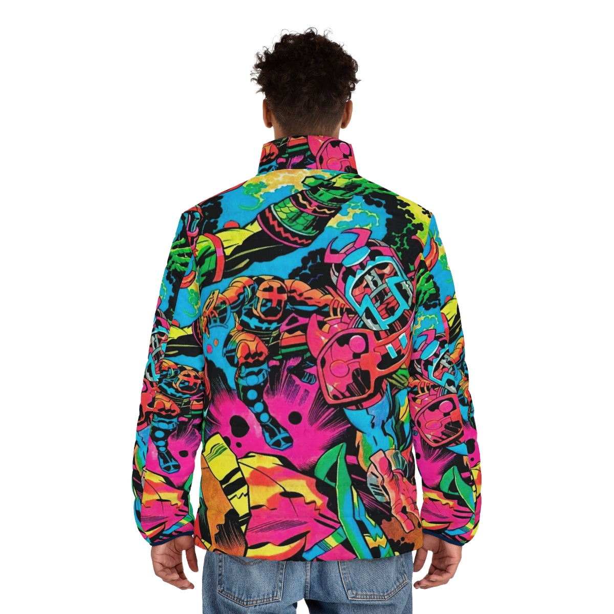 Kirby Puffer Jacket - Colorful Marvel Comics inspired superhero pop art design - men back