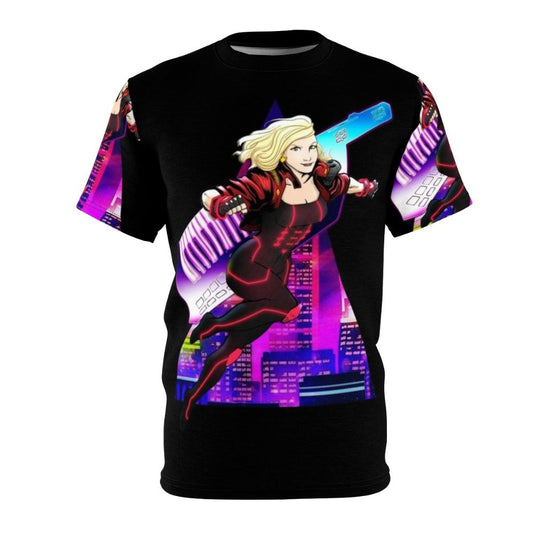 Retro-style t-shirt featuring Dana Jean Phoenix, a synthwave artist known for her superhero-inspired aesthetic and keytar skills.