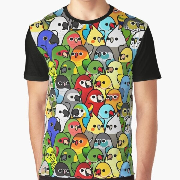 Colorful bird graphic t-shirt featuring a too many birds design