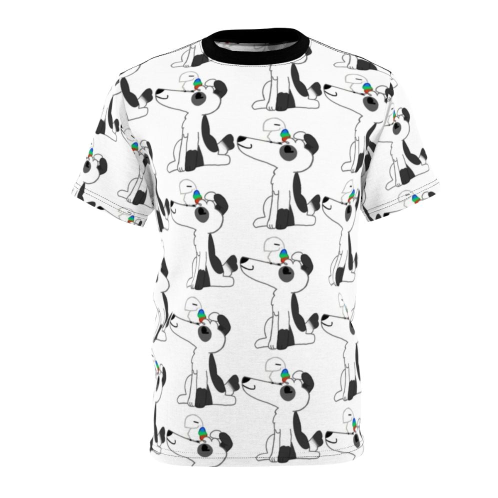 A high-quality t-shirt featuring a playful dog and bird design.