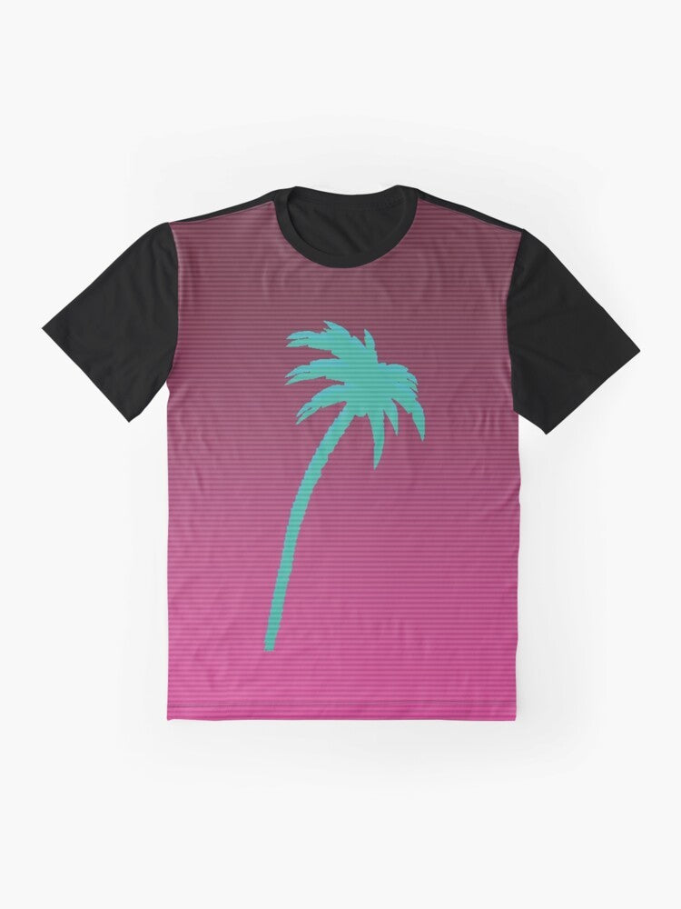 Hotline Miami inspired palmtree vaporwave graphic t-shirt - Flat lay