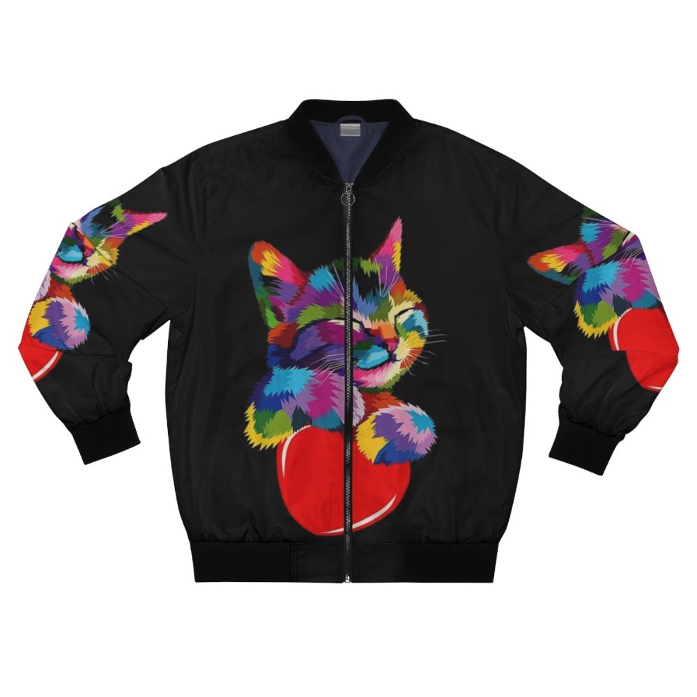 A vibrant and stylish bomber jacket featuring a colorful cat hugging a heart design.