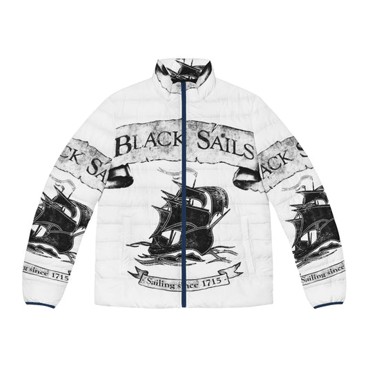 Black Sails Sailing Since 1715 Puffer Jacket featuring the iconic pirate flag and logo