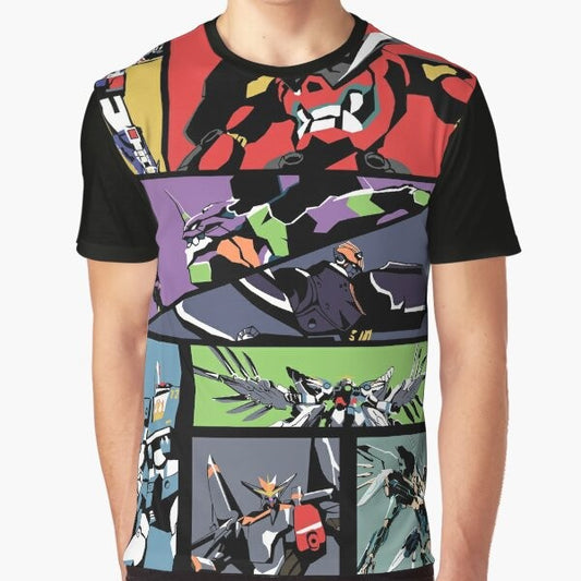 A vibrant graphic t-shirt featuring a collage of popular super robot and mecha characters from franchises like Power Rangers, Gurren Lagann, and Evangelion.