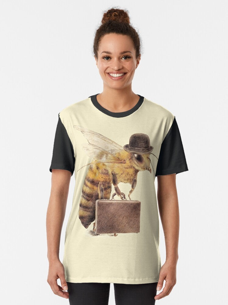 A graphic t-shirt design featuring a worker bee character in a yellow bowler hat and briefcase, illustrating the busy life of a corporate worker. - Women