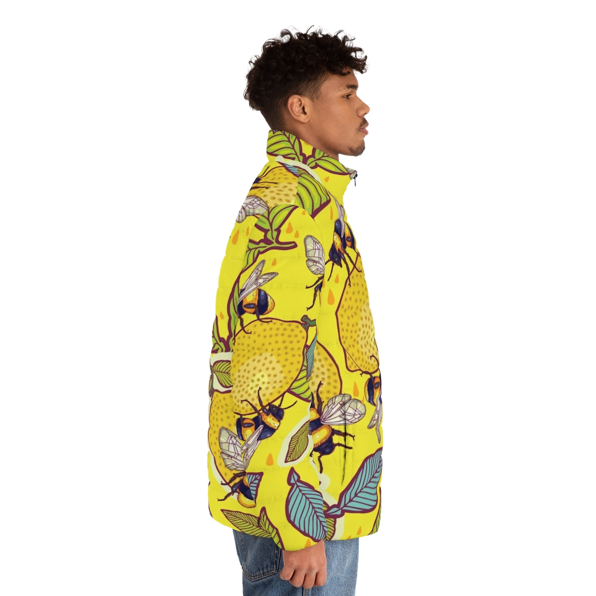 Yellow puffer jacket with bees and flowers in a garden - men side right