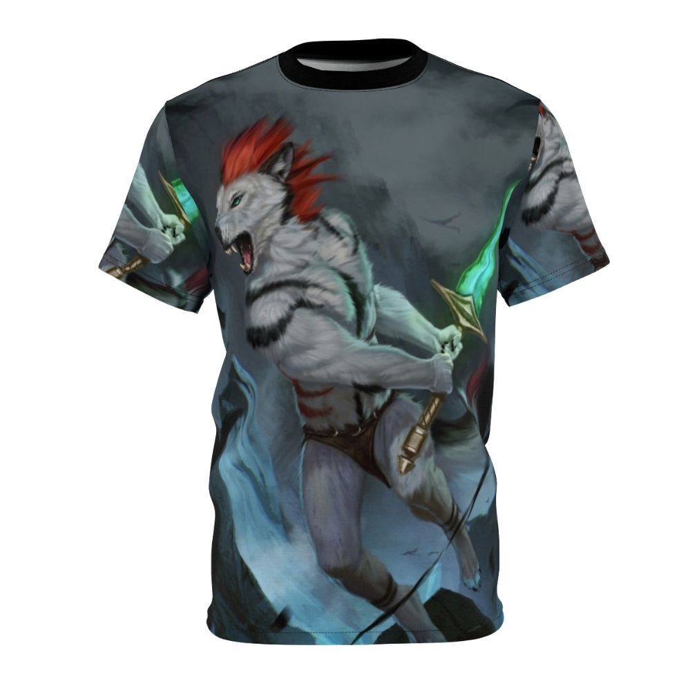 Captivating digital art t-shirt featuring an anthro wolf in a fantasy battle scene.