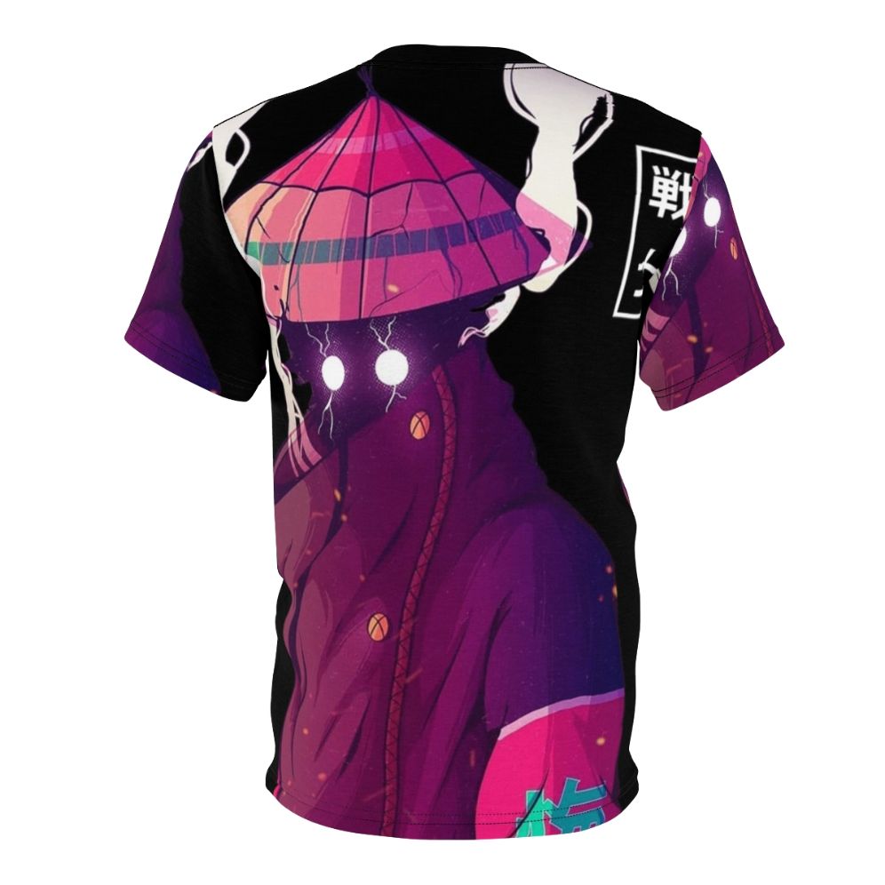 Cutting-edge Japanese cyberpunk-style t-shirt design featuring a samurai warrior in a futuristic, vaporwave-inspired urban setting - Back