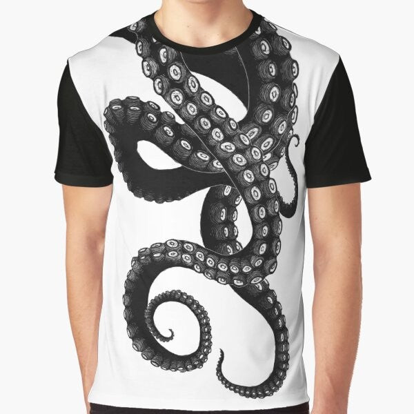 Graphic t-shirt design featuring a Kraken, a mythical sea creature with tentacles