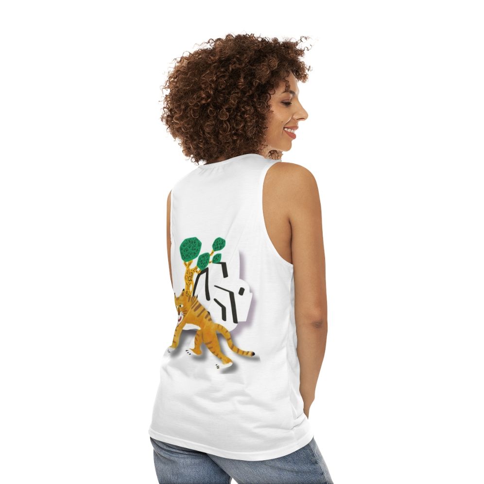 Retro tiger with comedic expression on unisex tank top - women back