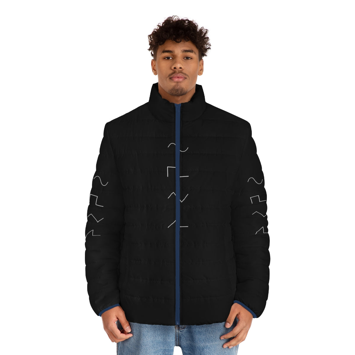 Puffer jacket featuring analog synthesizer waveform design for music producers and sound engineers - men front