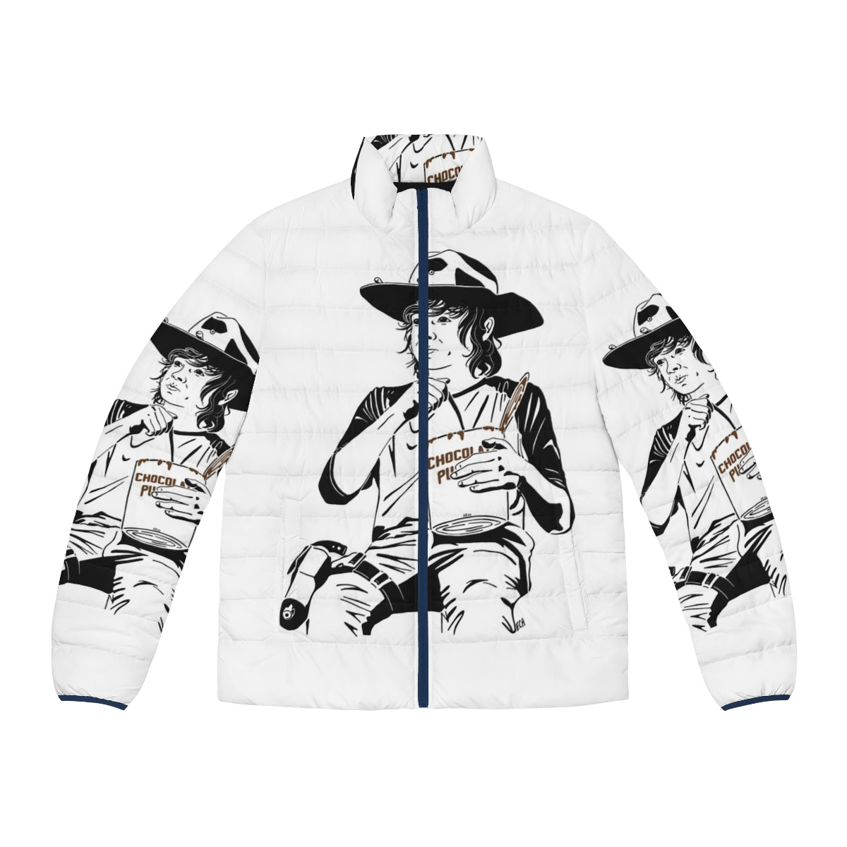 Pudding Carl Fanart Puffer Jacket, featuring a line art design of The Walking Dead character Carl Grimes