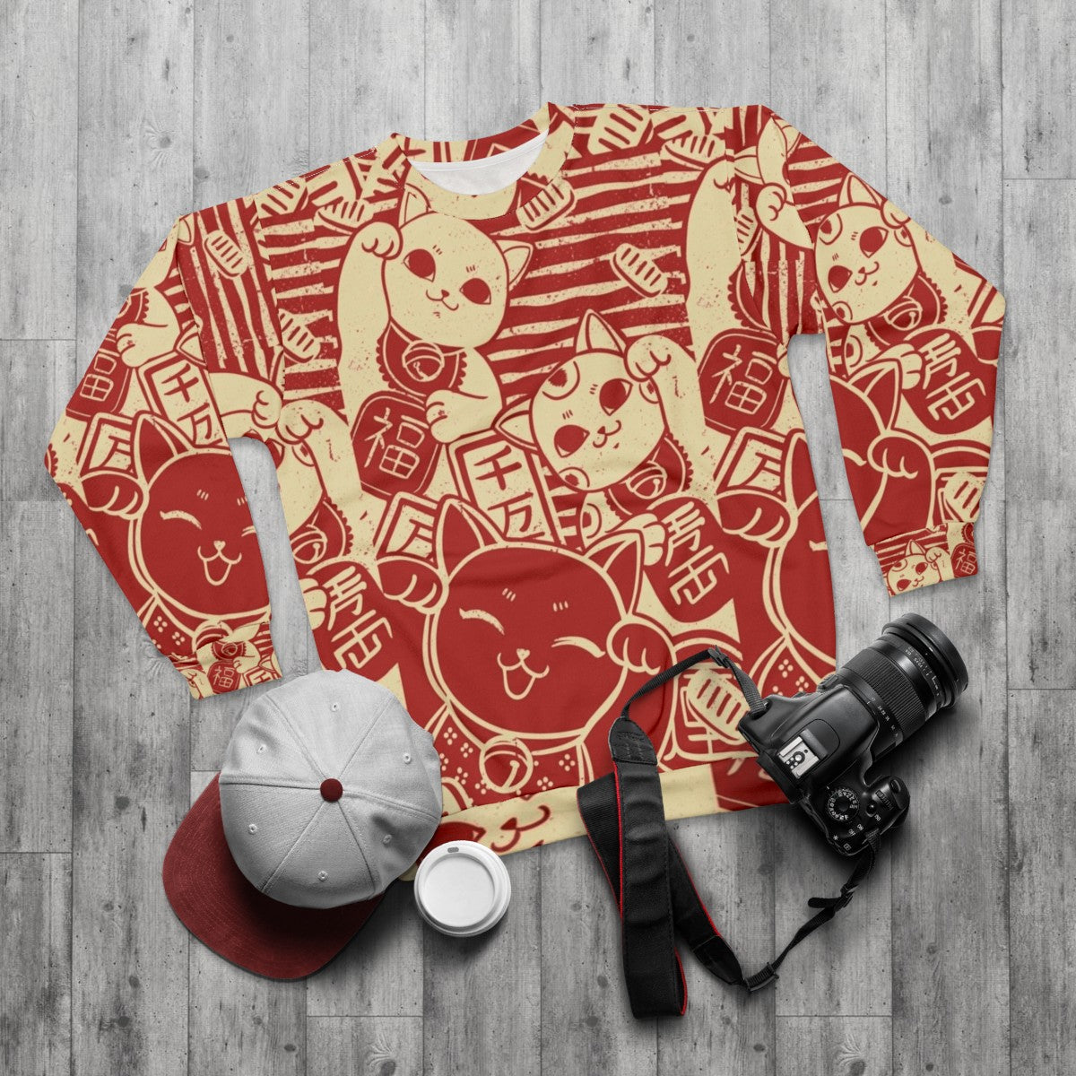 Maneki Neko Japanese Lucky Cat Sweatshirt - flat lay