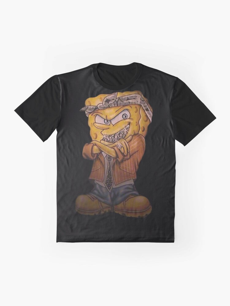 Spongebob Squarepants in a gangster-inspired outfit, wearing a tie, bandana, and grillz, with the text "Gangster Spongebob Graphic T-Shirt". - Flat lay