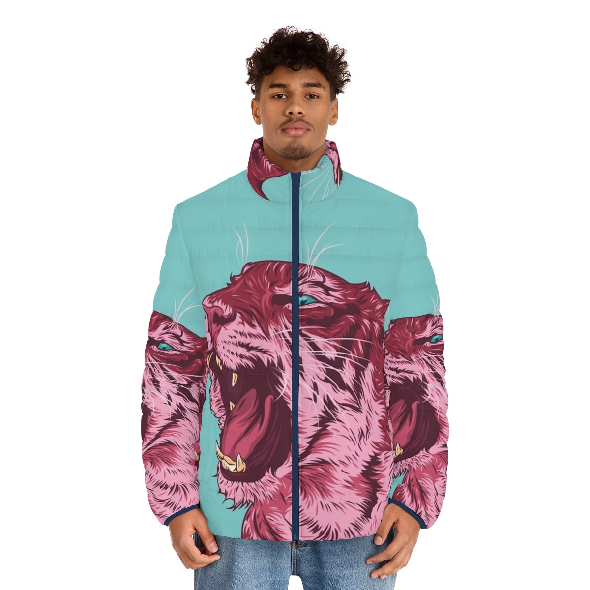 Magenta tiger puffer jacket with bold, vibrant pop art design - men front