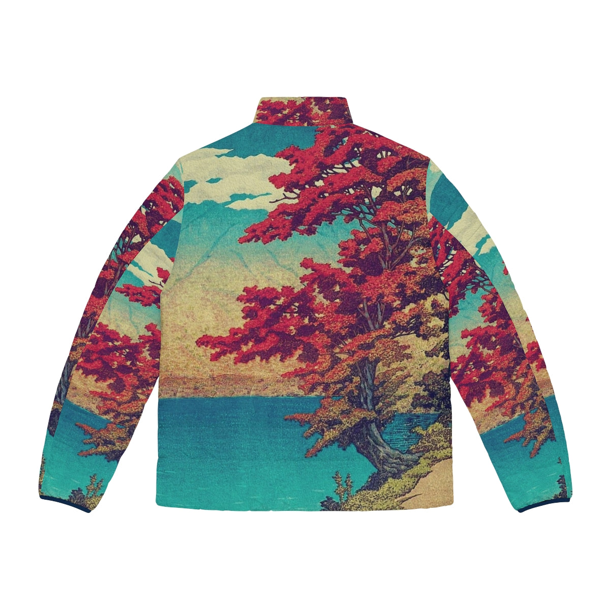 Ukiyo-e inspired puffer jacket featuring a nature landscape design - Back