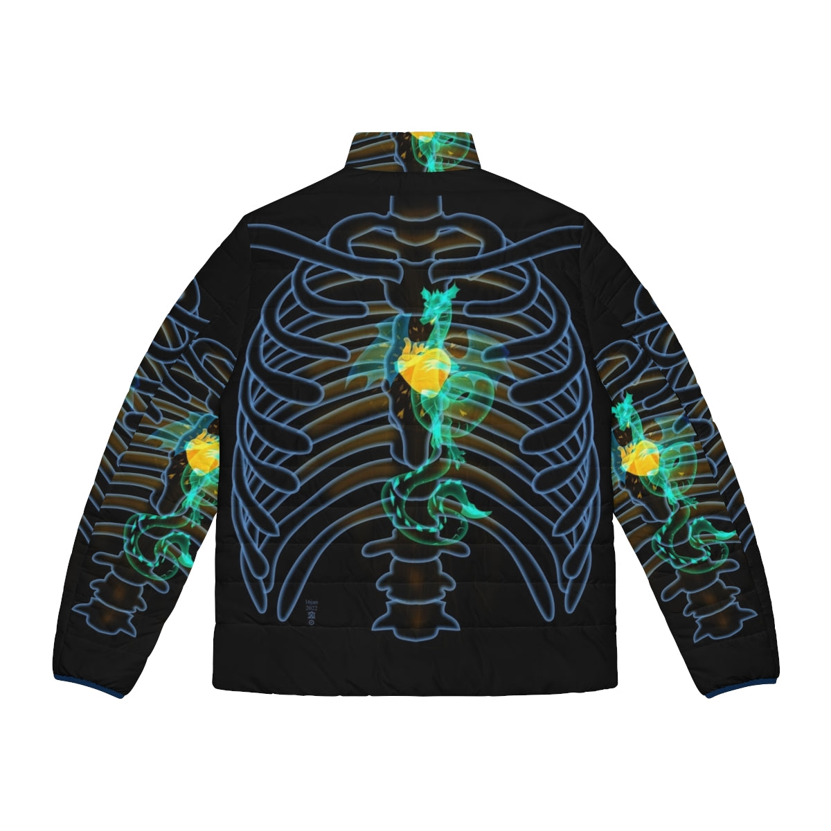 A man wearing a puffer jacket with a glowing dragon x-ray design on the chest - Back