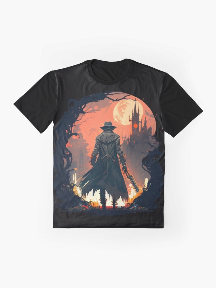 Bloodborne Hunter Eldritch Horror Graphic T-Shirt featuring a dark and ominous design with a hunter, red moon, flames, and Lovecraftian elements. - Flat lay