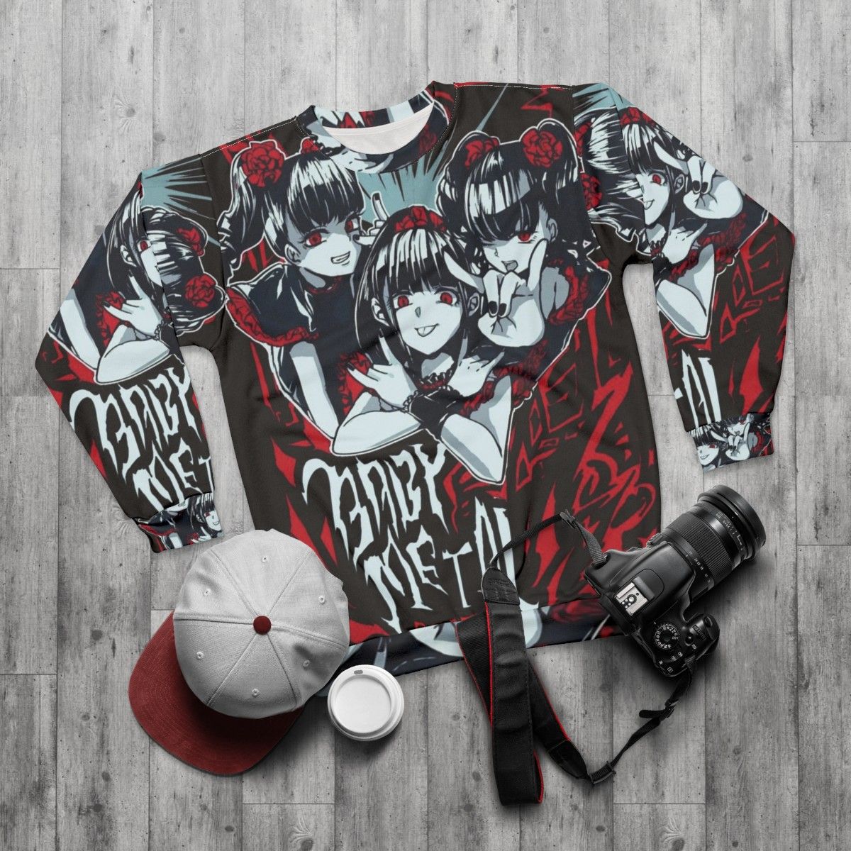 Babymetal inspired Japanese heavy metal logo on a gray sweatshirt - flat lay