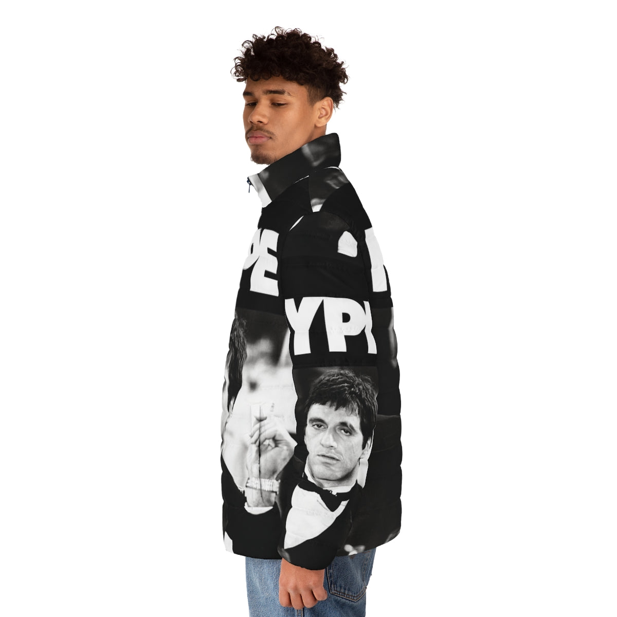 Scarface edition puffer jacket featuring Al Pacino's iconic character - men side left