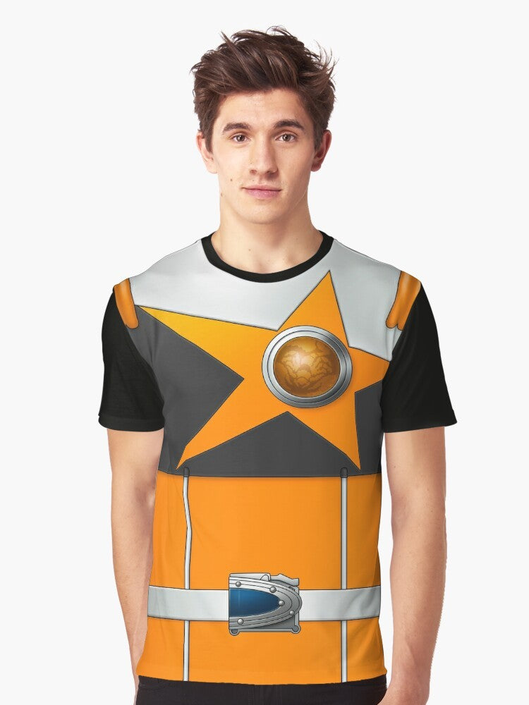 Sasoriorange Super Sentai graphic t-shirt featuring the Kyuranger character in orange and space-themed design - Men