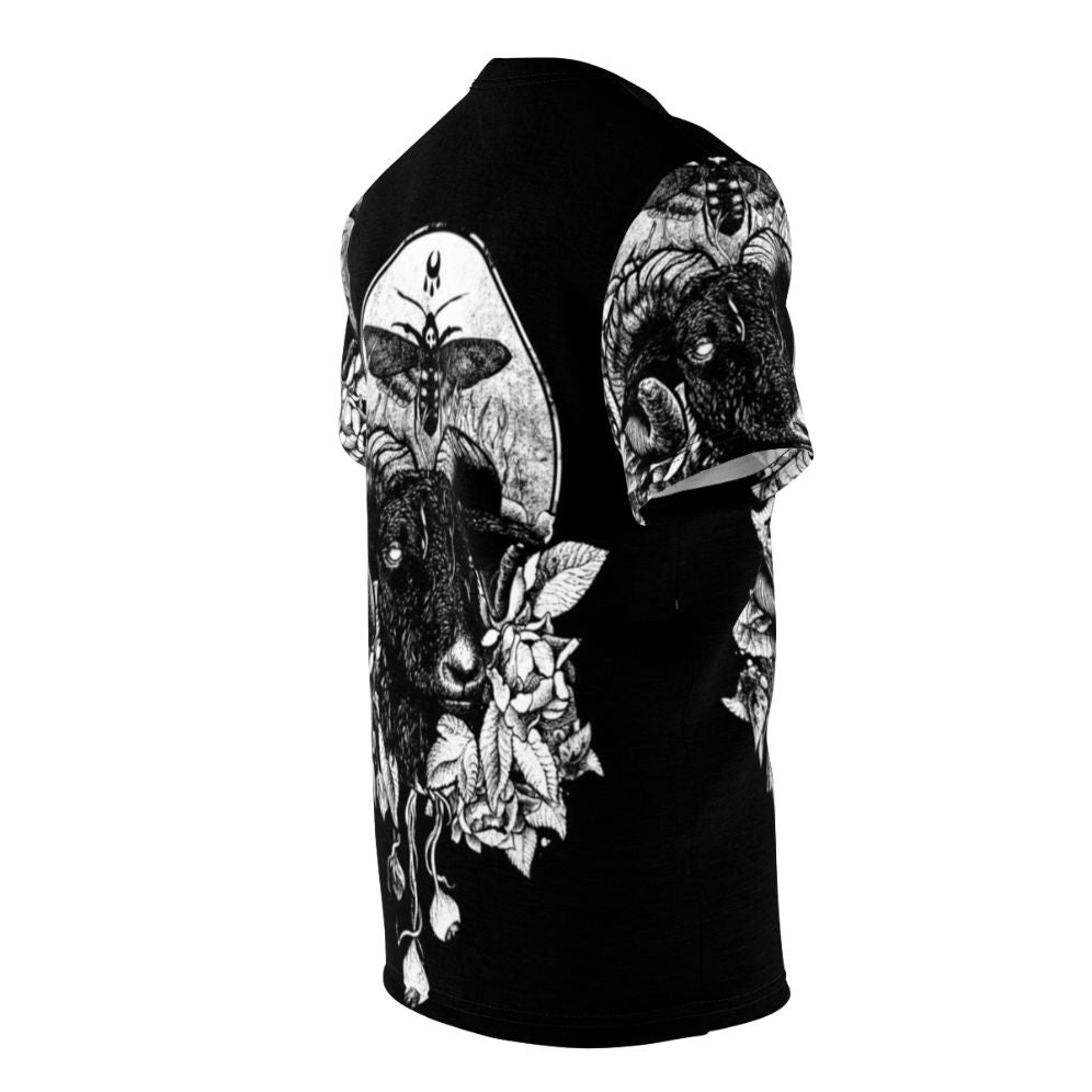 Mystical gothic-inspired t-shirt design featuring dark nature, occult symbols, animals, and floral artwork - men right