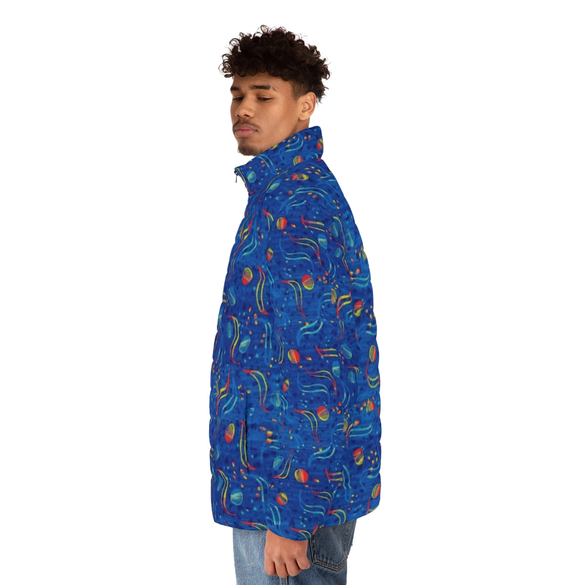 Stylish blue puffer jacket inspired by the iconic Dublin bus design - men side left