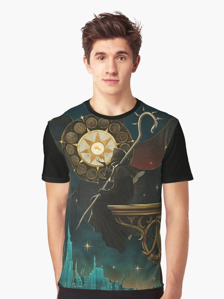 Azem-inspired graphic t-shirt for Final Fantasy XIV fans featuring tarot, zodiac, and magical elements. - Men