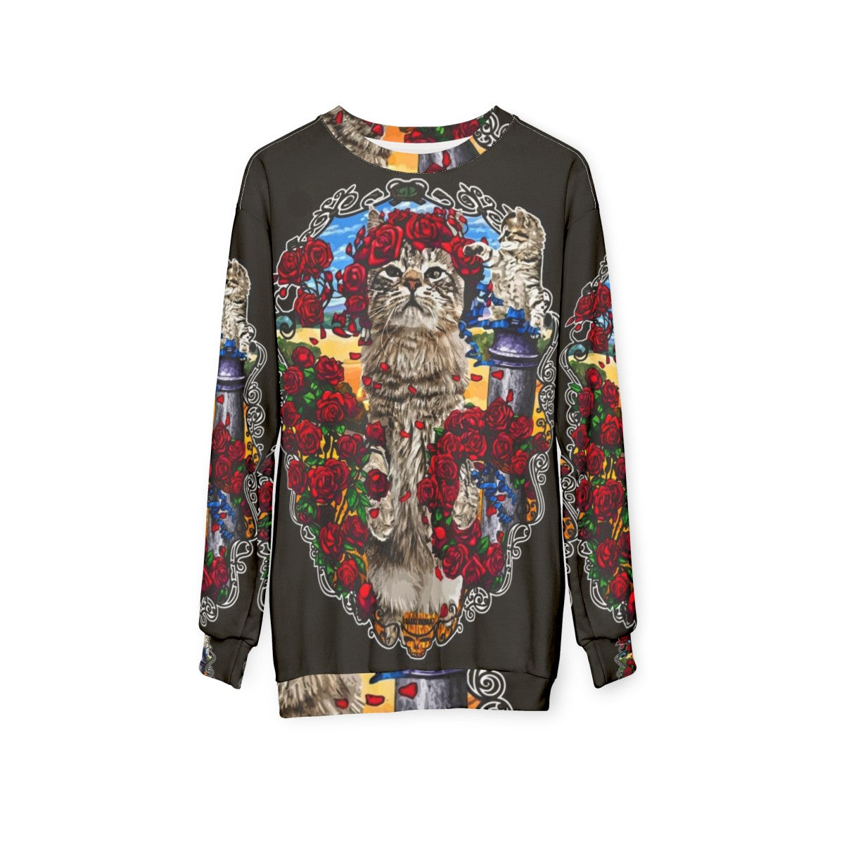 Grateful cats and psychedelic roses design on a sweatshirt - hanging