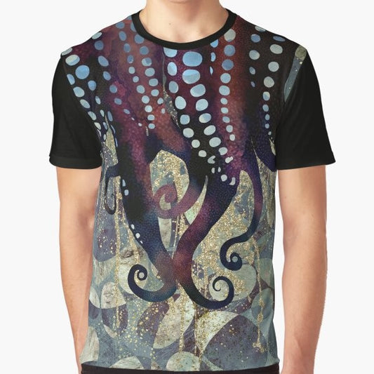 Metallic ocean graphic t-shirt with an abstract nature design featuring underwater elements in shades of blue, purple, and gold.