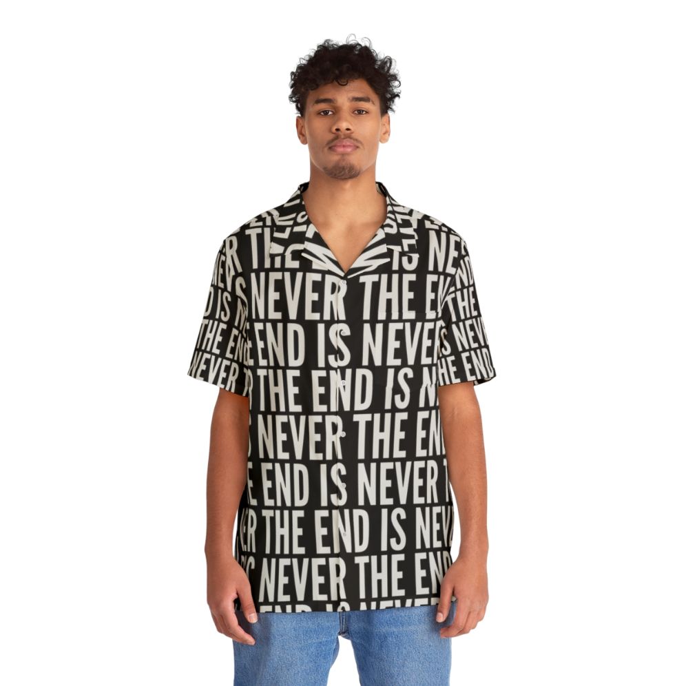 Surreal Hawaiian shirt with "The End Is Never The End" design inspired by The Stanley Parable video game - People Front