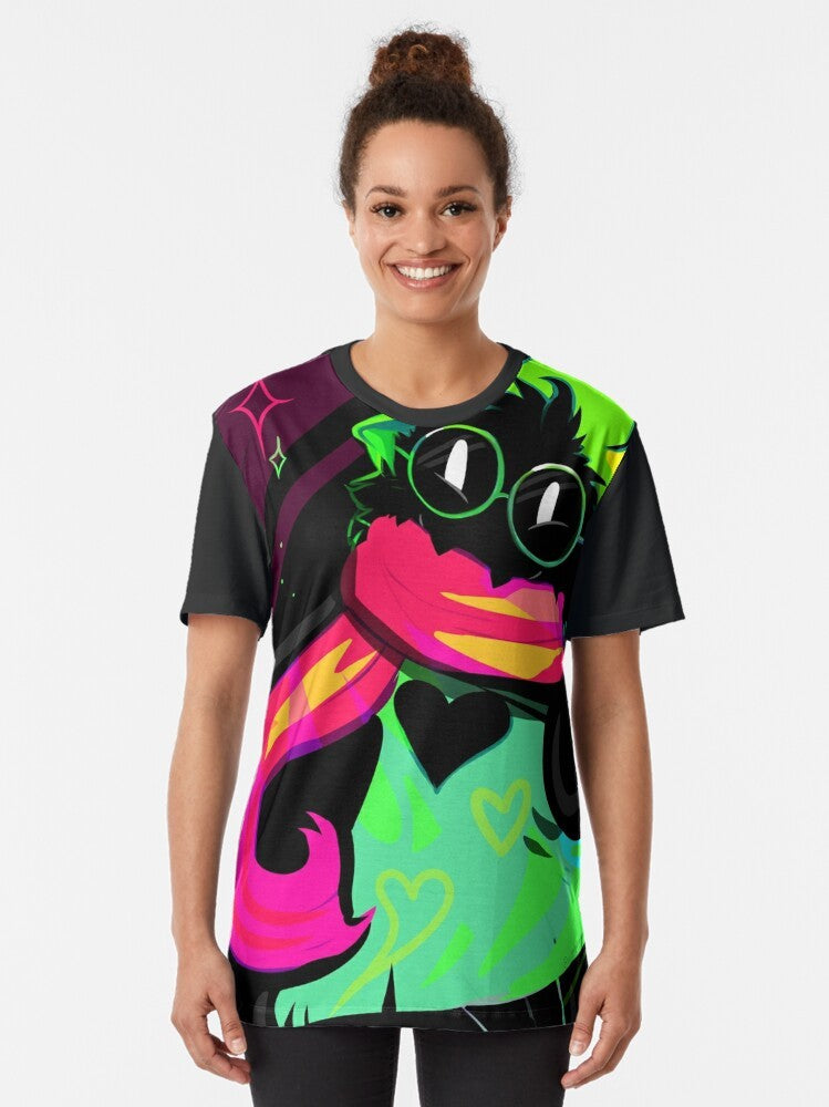 Ralsei, the fluffy goat wizard from Undertale and Deltarune, featured on a vibrant, neon-colored graphic t-shirt - Women