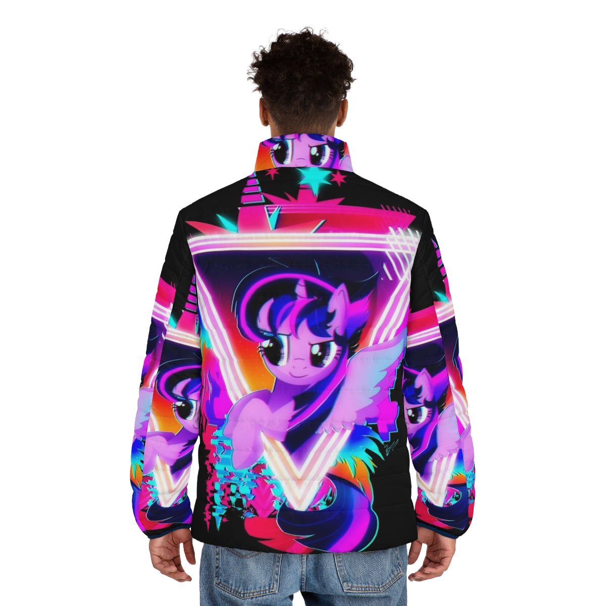 Neon puffer jacket featuring Twilight Sparkle from My Little Pony - men back