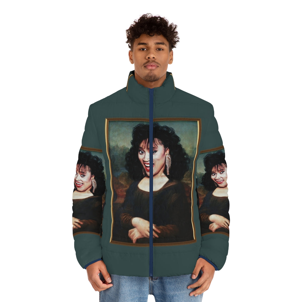 Mona Lisa Jackee Puffer Jacket featuring pop culture art of iconic actress Jackee Harry - men front