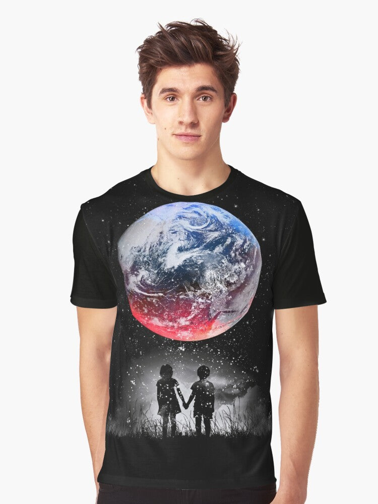 Graphic t-shirt featuring a space and universe design with stars, planets, and earth - Men