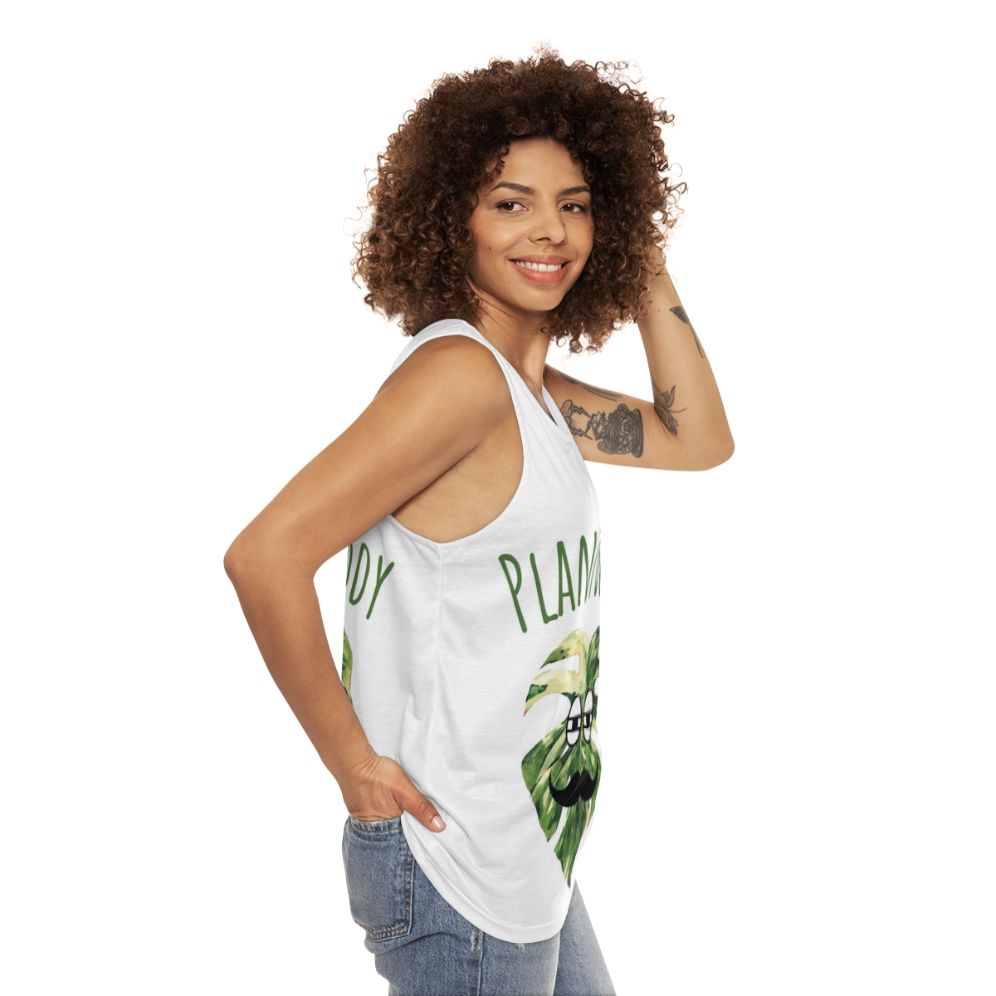 Unisex tank top with "Who Is The Best Plant Daddy" text - women side