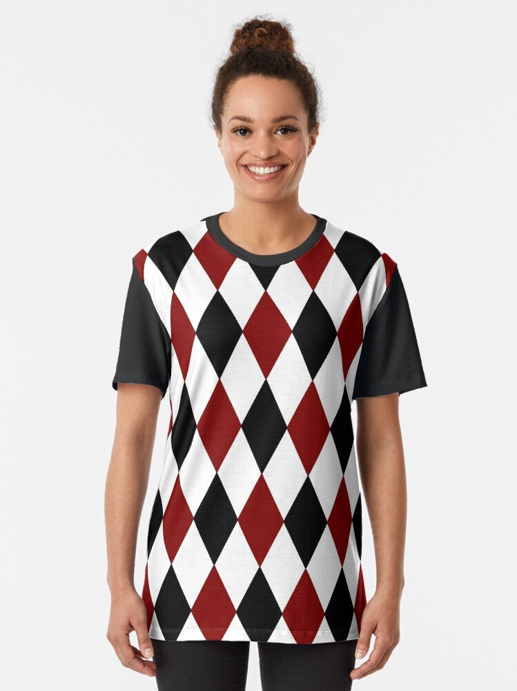 A black, white, and red harlequin or diamond pattern graphic t-shirt - Women