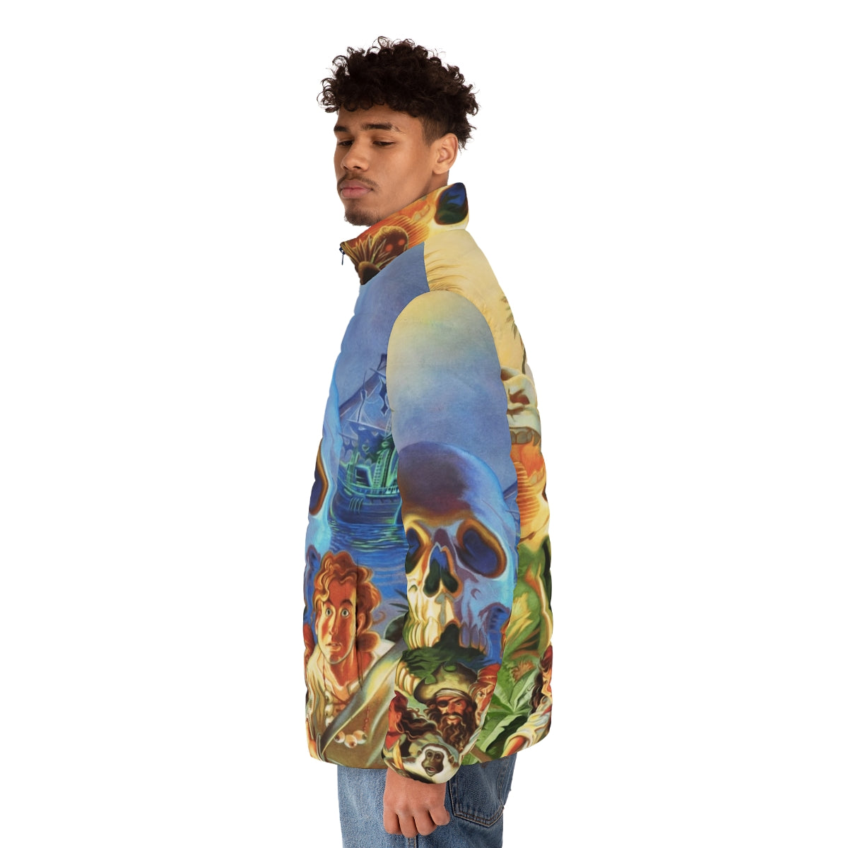 High contrast puffer jacket featuring iconic Monkey Island pixel art design - men side left