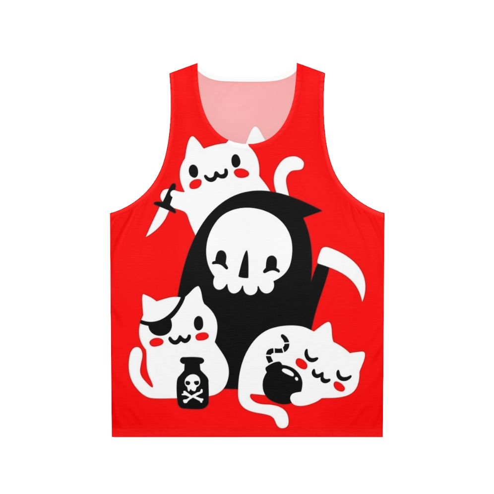 Unisex tank top with a graphic design featuring cats, skulls, and the Grim Reaper