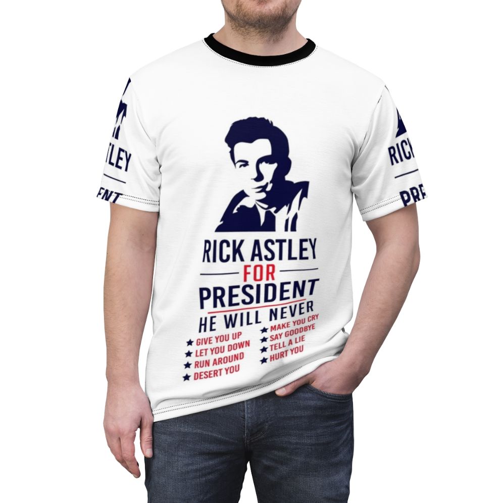 Humorous t-shirt design featuring an image of Rick Astley with the text "Rick Astley for President" - men front